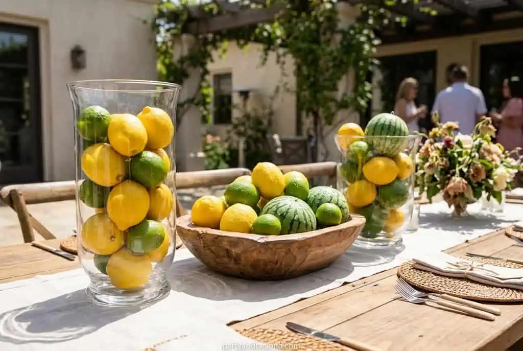 Summer fruit centerpiece with lemons, limes, and watermelon on an outdoor table