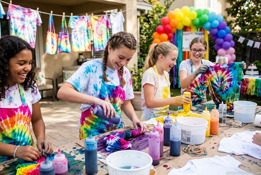 Tie dye birthday party with colorful shirts and craft supplies