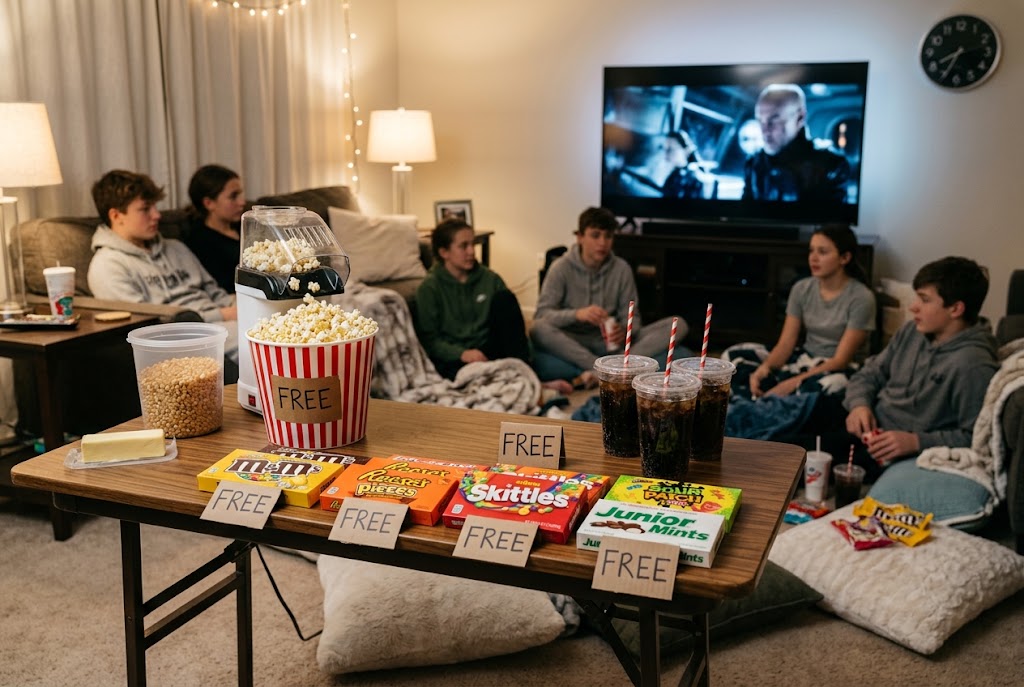 Movie marathon birthday party with popcorn candy and concession stand