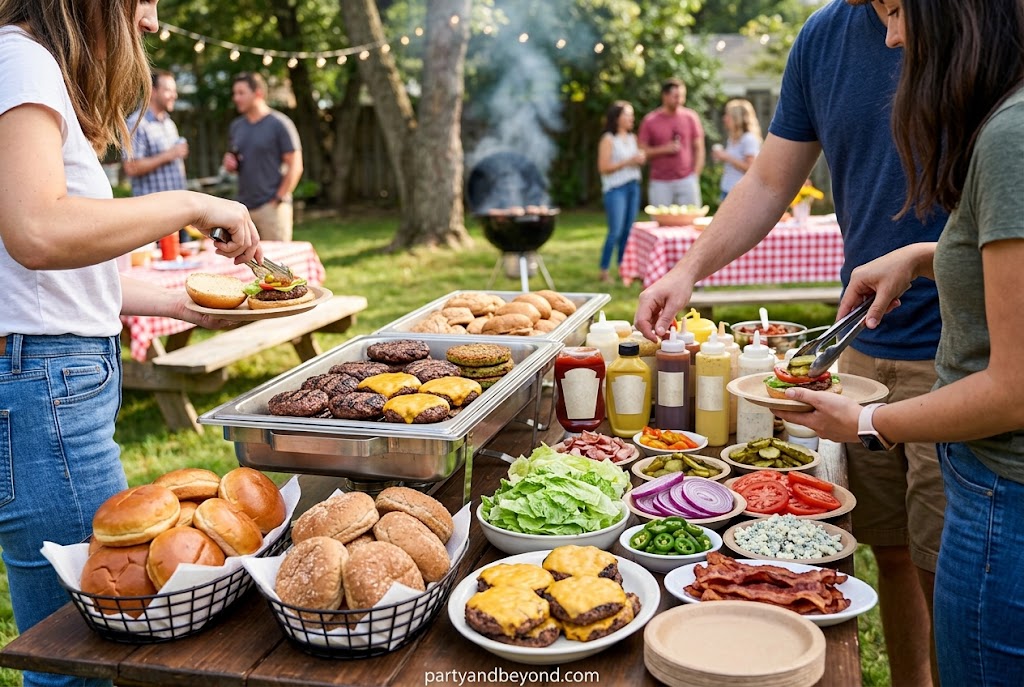 Burger bar with fresh toppings arranged for a backyard BBQ party