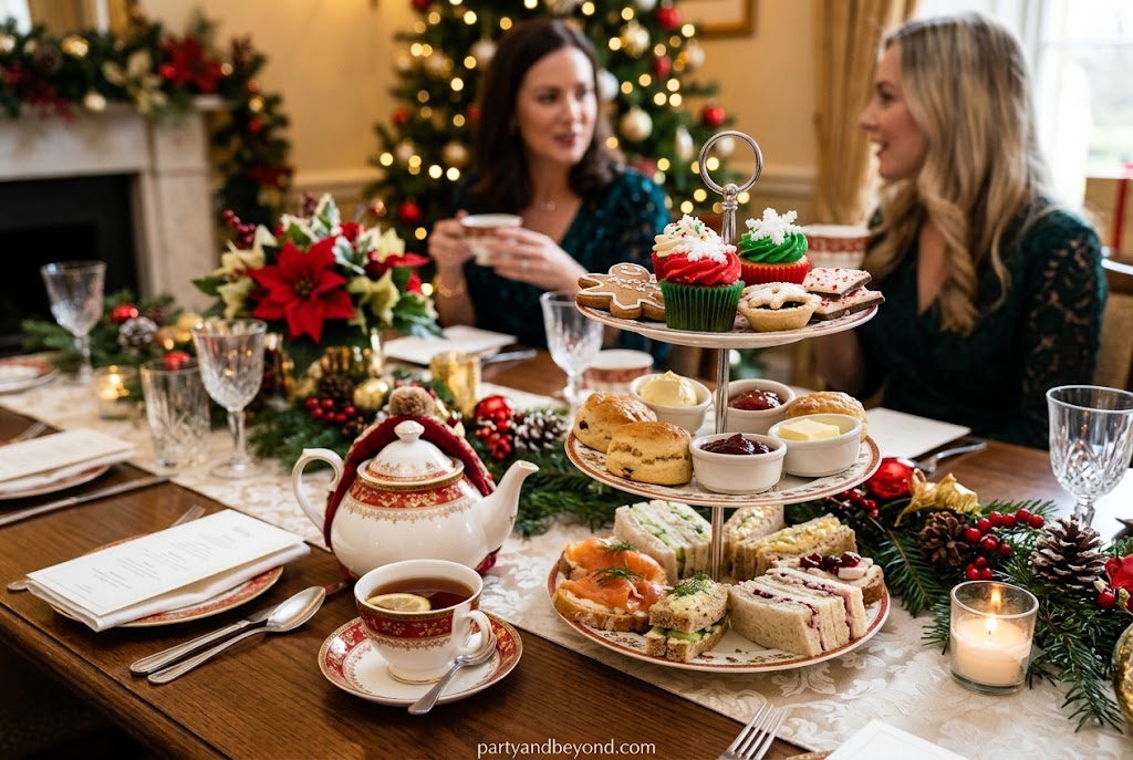 Festive holiday high tea party decorated with seasonal flowers and elegant tableware