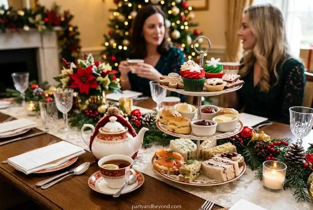 Festive holiday high tea party decorated with seasonal flowers and elegant tableware