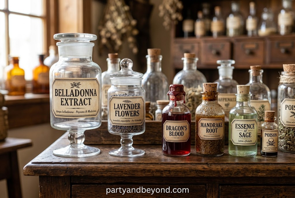 DIY Halloween apothecary jars and potion bottles created from dollar store glassware.
