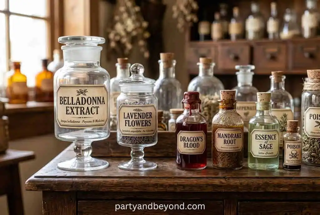 DIY Halloween apothecary jars and potion bottles created from dollar store glassware.