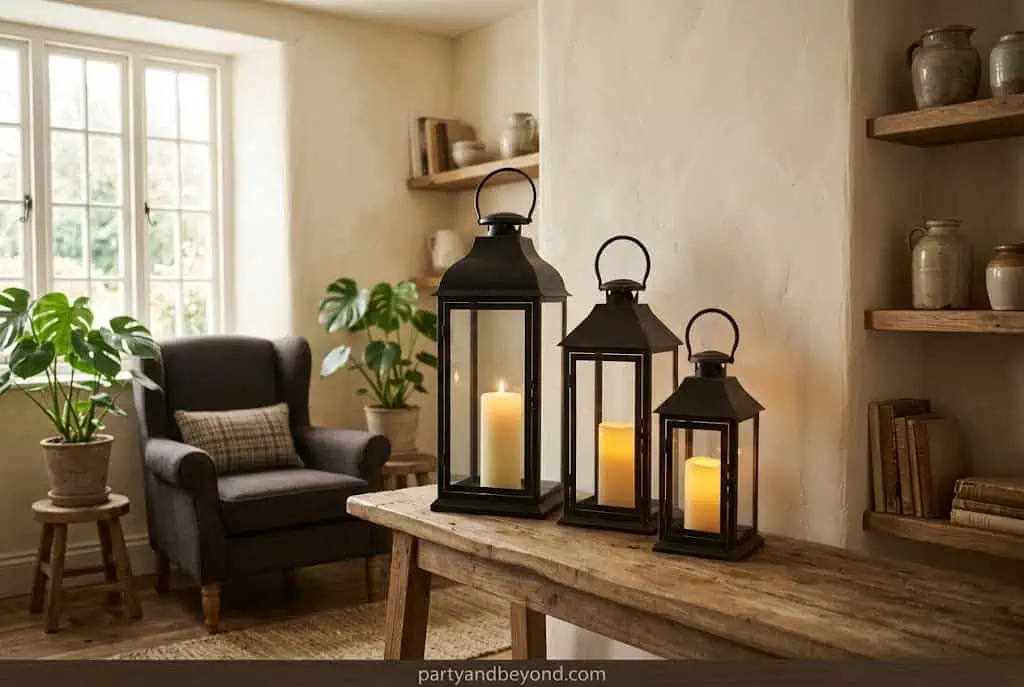 Cluster of decorative lanterns with battery candles lighting a Thanksgiving porch.