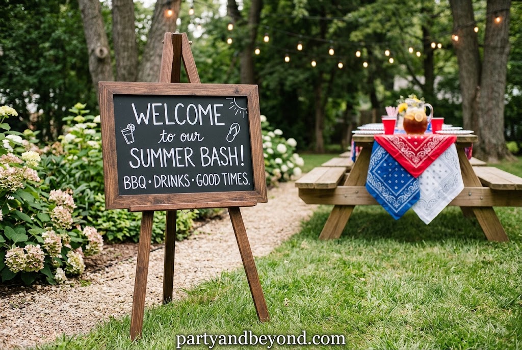 Rustic chalkboard welcome sign at the entrance of a backyard summer party