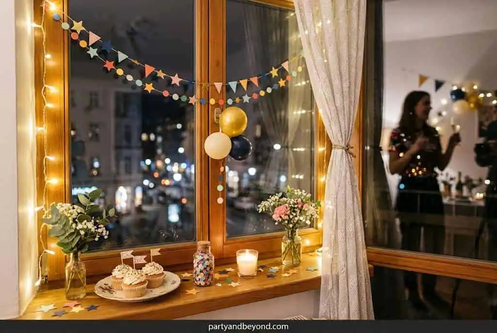 Festive window decorations with lights and garlands for apartment party decor.