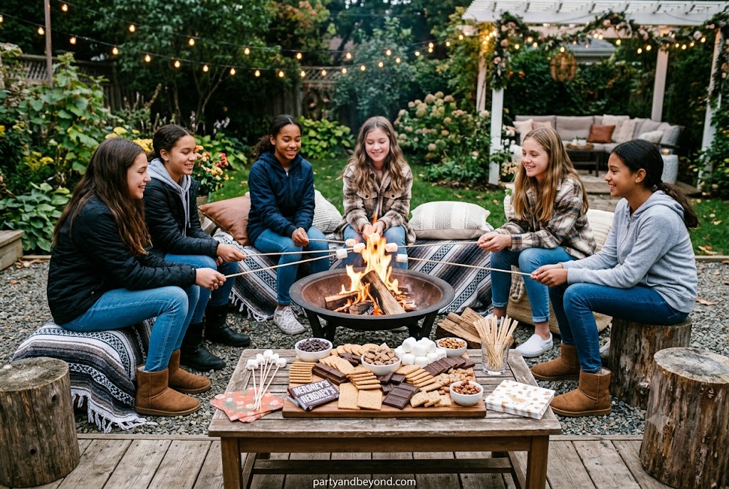 Backyard bonfire birthday party with s’mores board and string lights