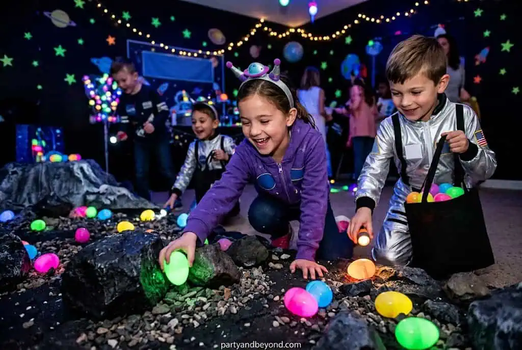 Children searching for glowing moon rocks hidden around a space birthday party.