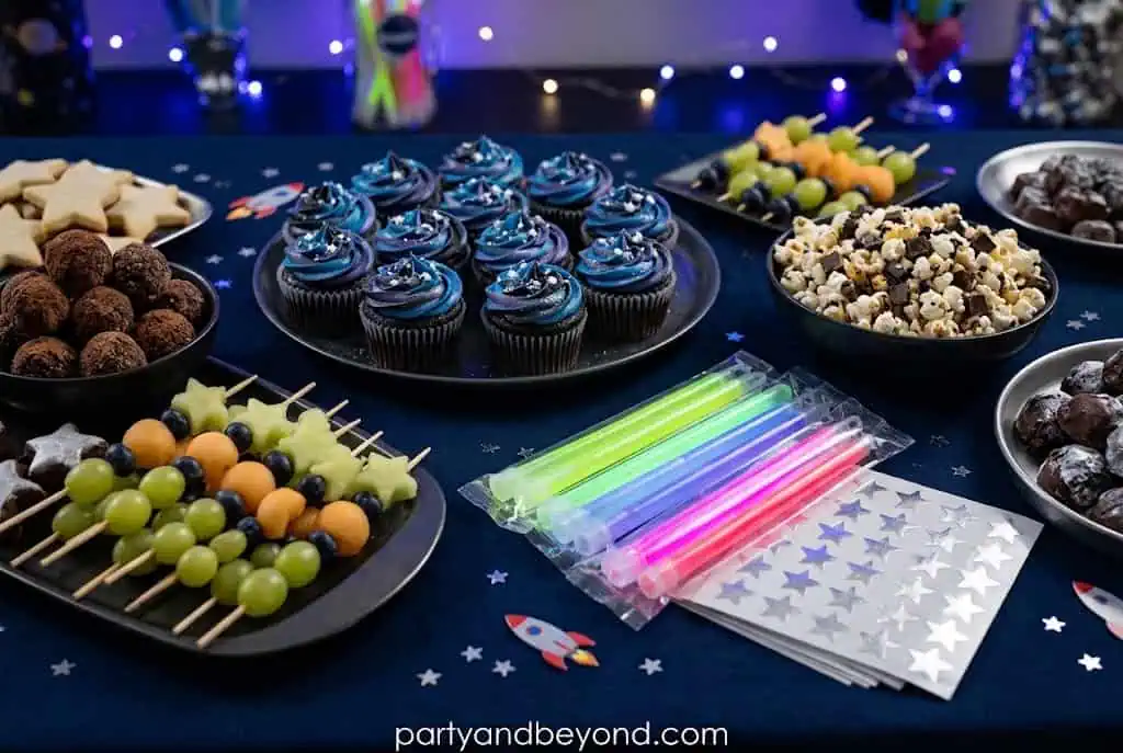 : Glow sticks and star stickers arranged as affordable space party favors.
