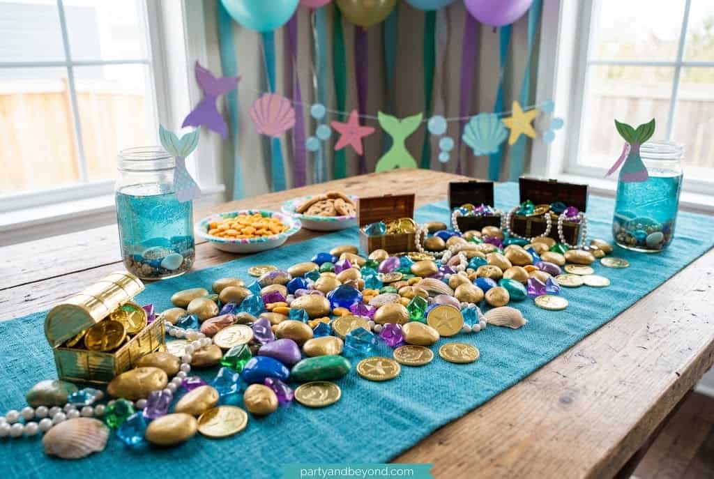 Gold coins, pearls, and seashell decorations scattered across a mermaid party table.