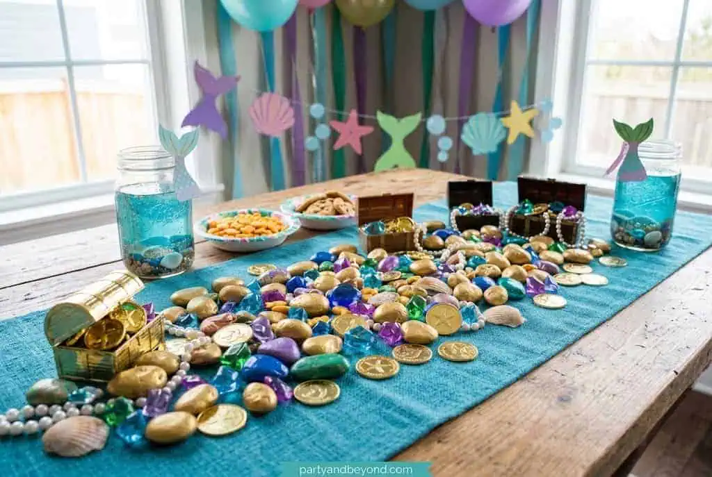 Gold coins, pearls, and seashell decorations scattered across a mermaid party table.