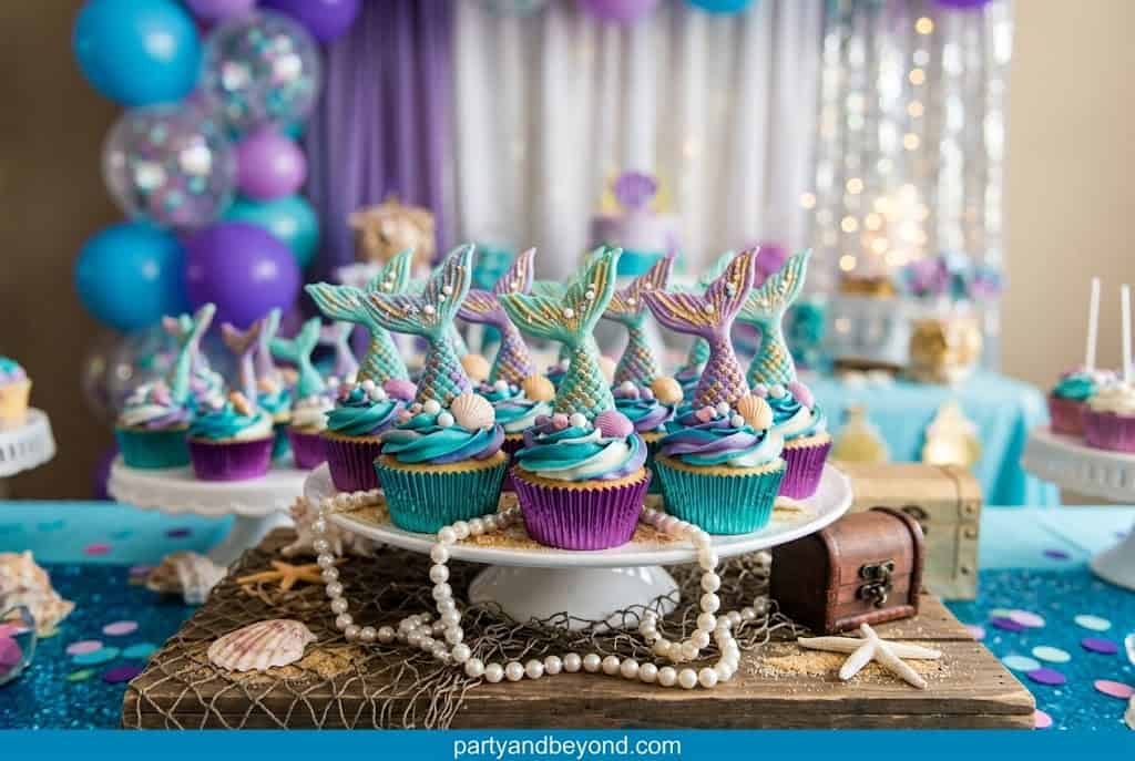 Mermaid cupcakes topped with colorful frosting and edible mermaid tail decorations.