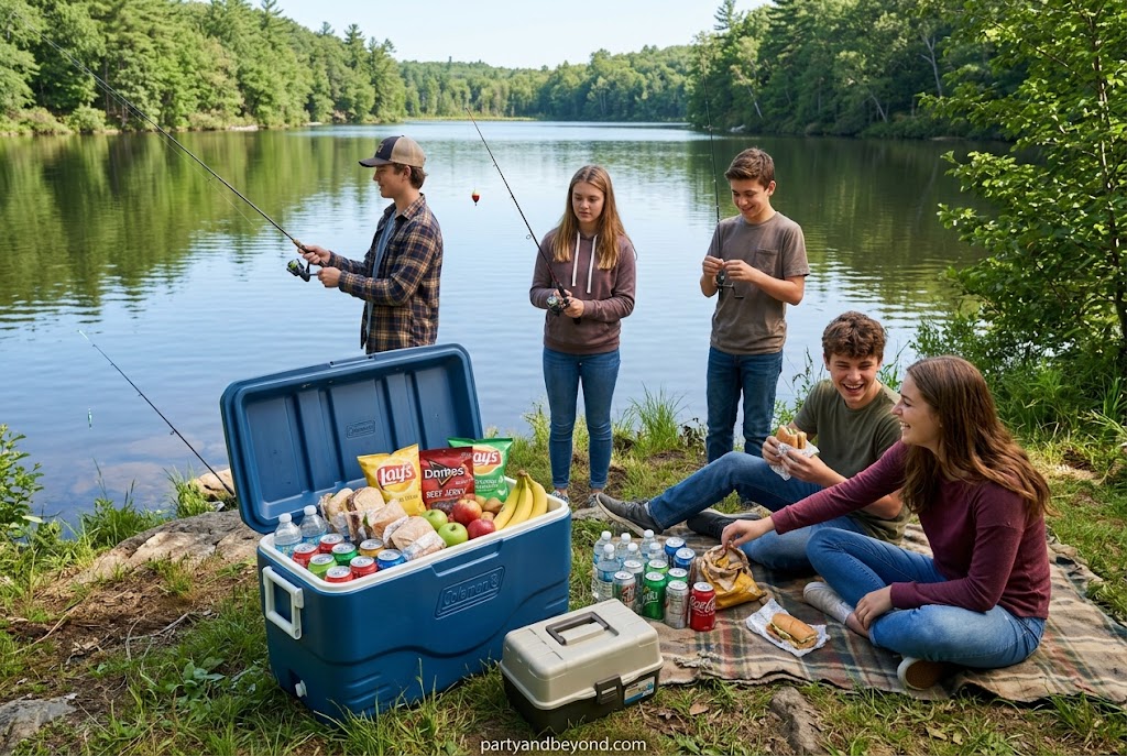 Fishing and lake day birthday outing for teenage boys with picnic lunch