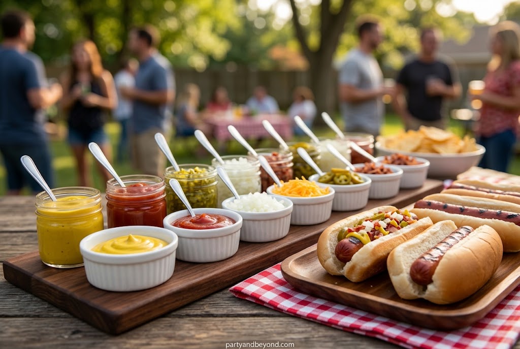 Hot dog topping station with regional toppings for BBQ party