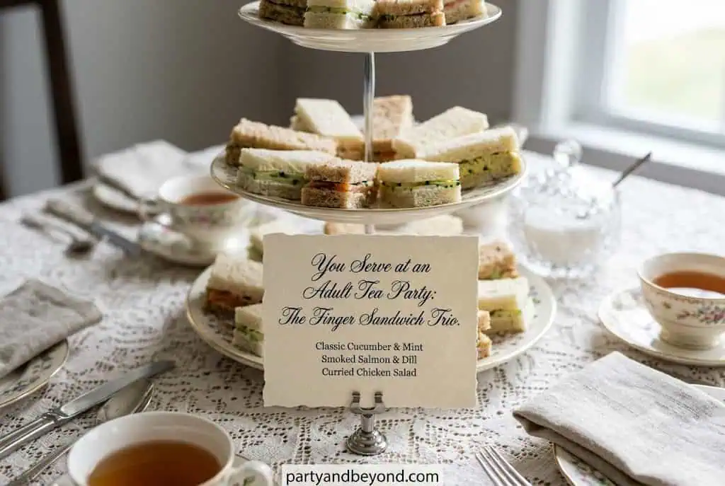 Adult tea party food including finger sandwiches, scones, and desserts on tiered trays