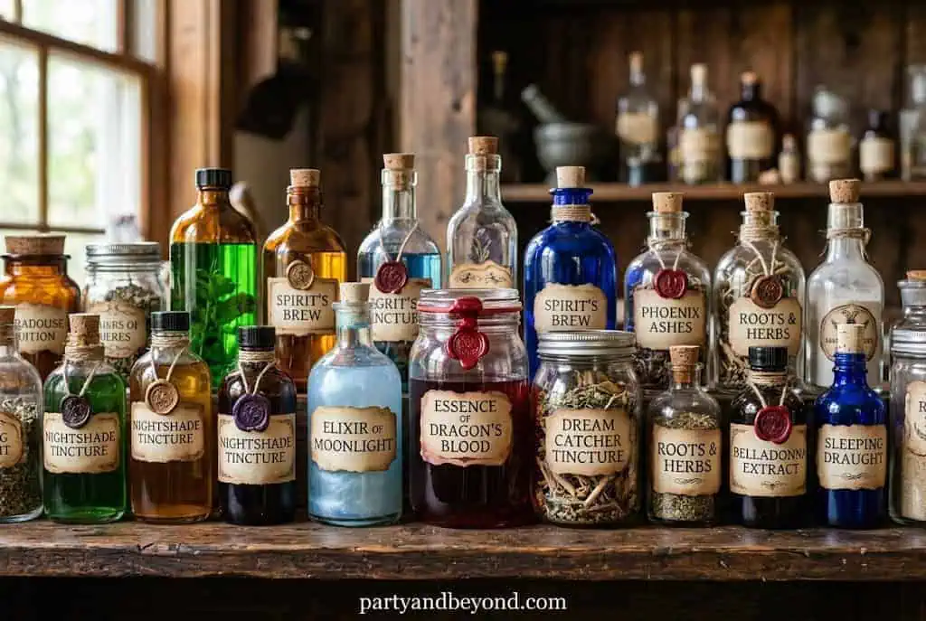 Vintage Halloween potion bottles with aged labels and decorative corks.