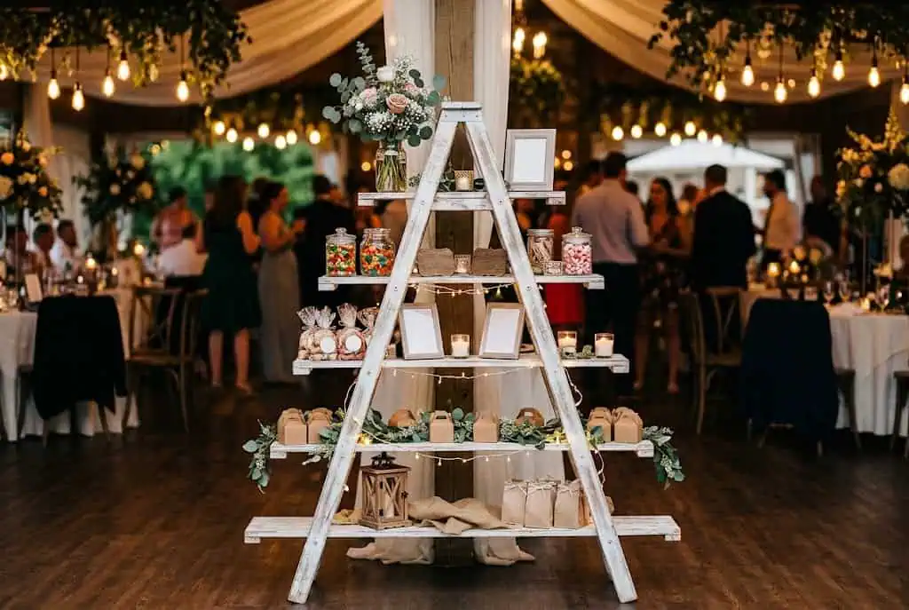 Wooden ladder decorated with mini pumpkins, plaid blanket, and autumn garland.
