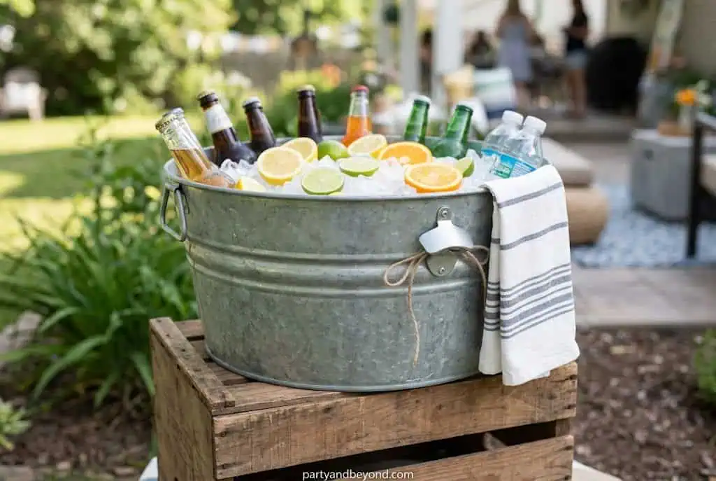 Galvanized drink tub filled with ice and beverages for an outdoor party