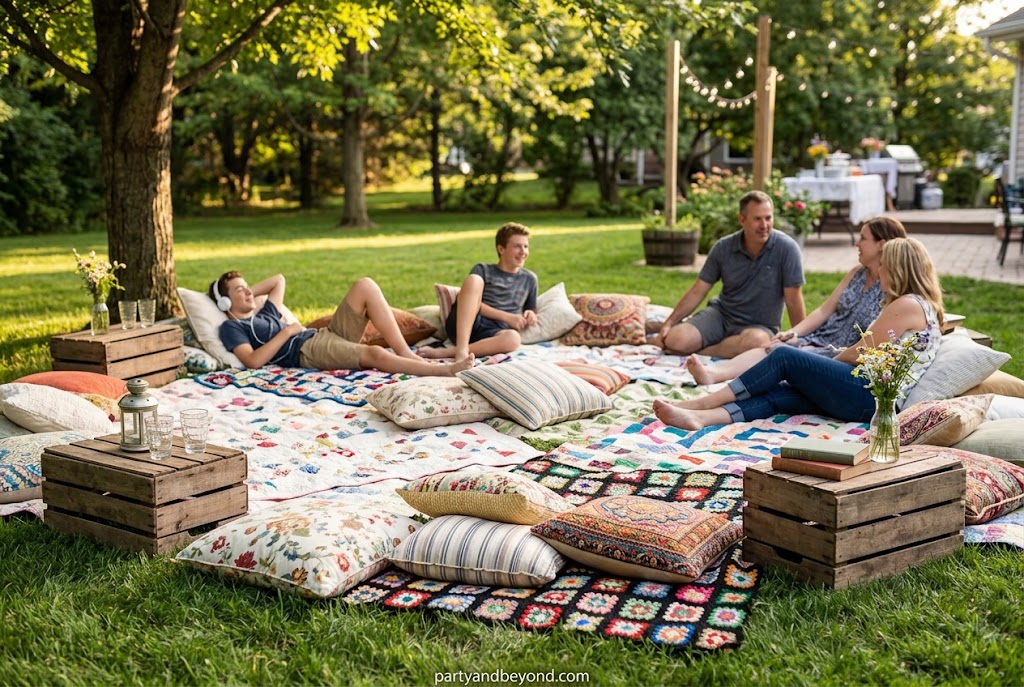 Cozy backyard lounge with blankets, pillows, and picnic seating