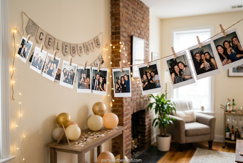 DIY photo clothesline display with memories for birthdays and celebration parties.