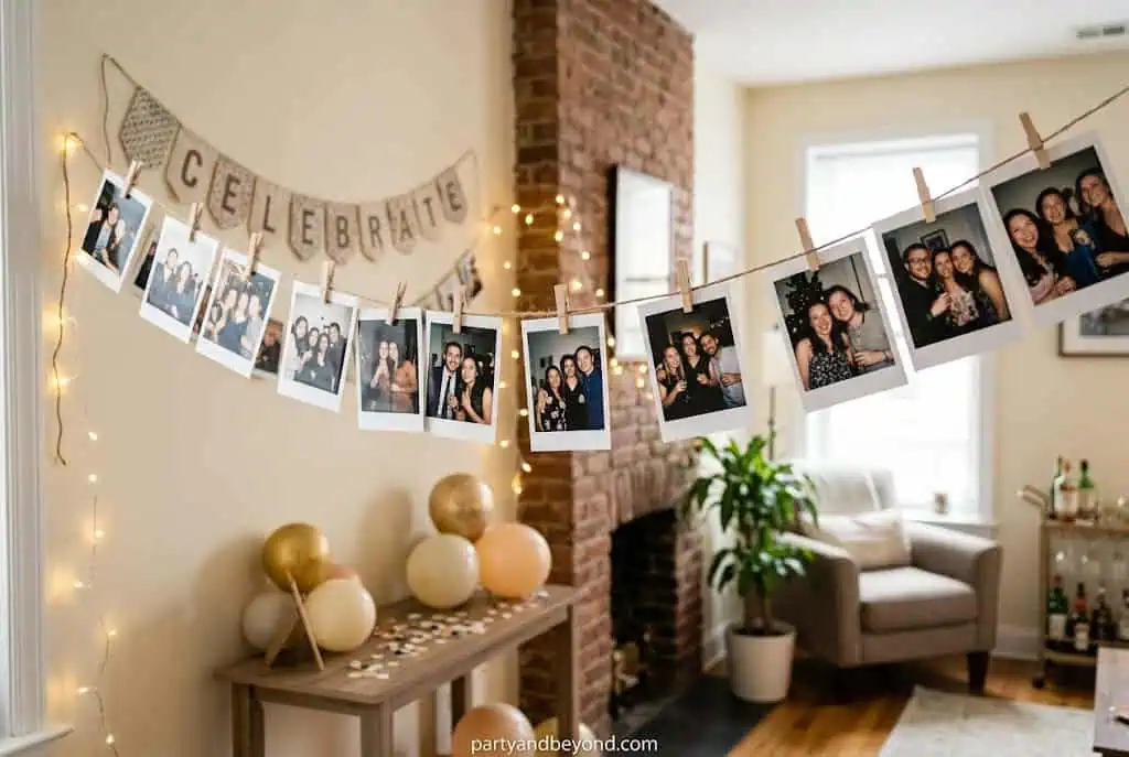 DIY photo clothesline display with memories for birthdays and celebration parties.