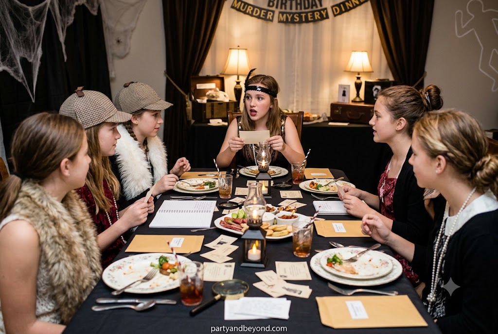 Teen girls dressed up for a murder mystery birthday dinner