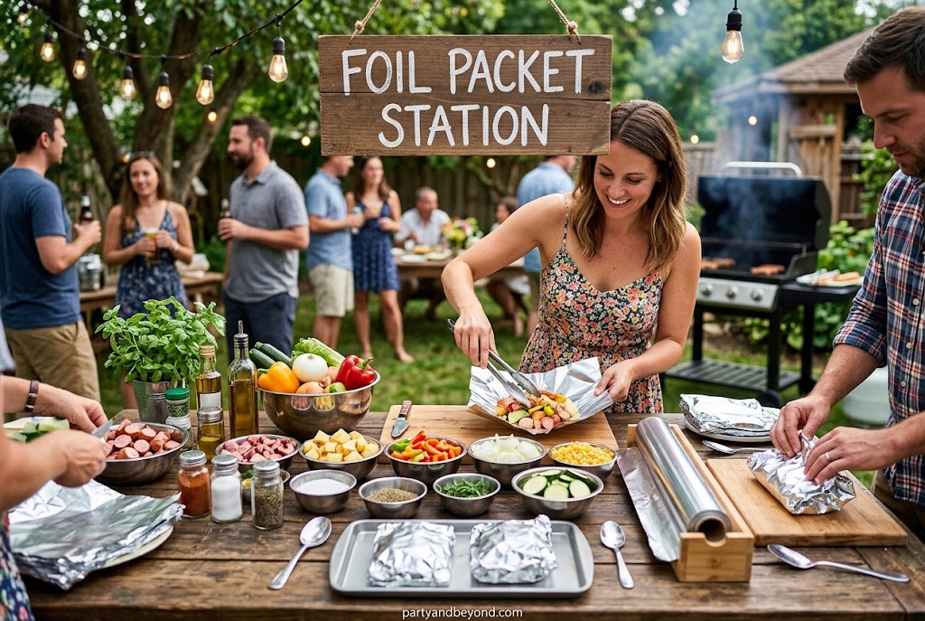 DIY foil packet grilling station with vegetables and meat