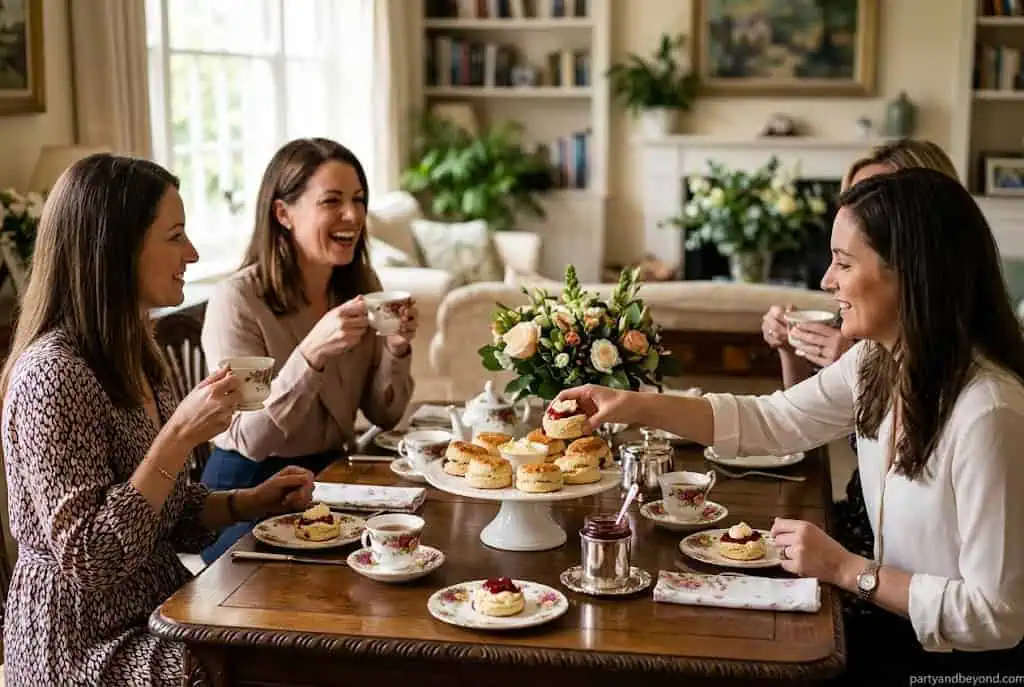 : Freshly baked scones with clotted cream and strawberry jam for afternoon tea tea party ideas for adults