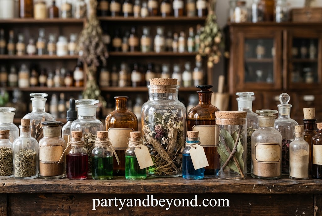 Halloween specimen jars filled with spooky creatures and colored water.
