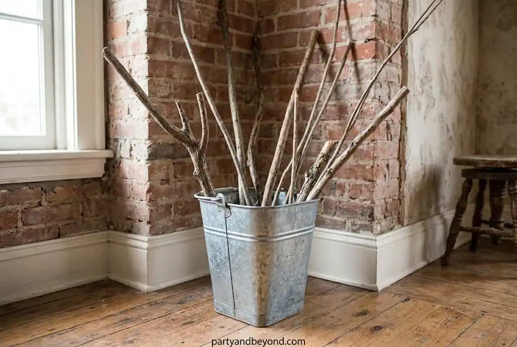 Galvanized metal bucket filled with decorative branches and fall foliage for porch decor.