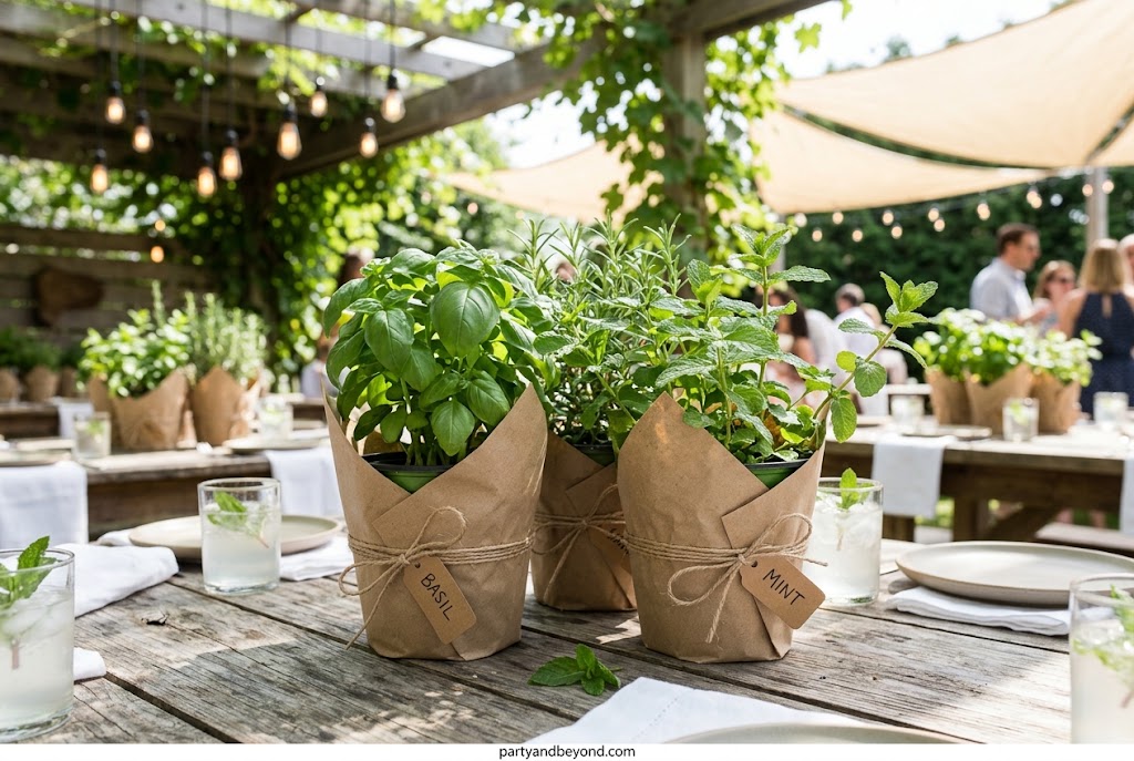 Potted basil and mint centerpieces decorating a backyard dining table