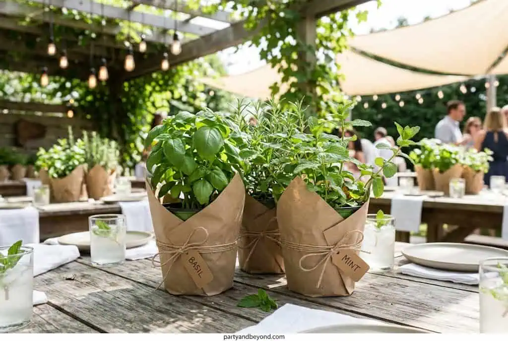 Potted basil and mint centerpieces decorating a backyard dining table