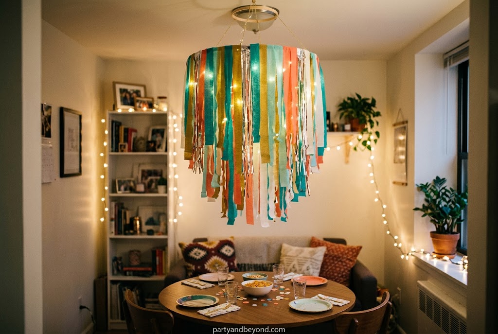 Creative streamer chandelier hanging above a party table in a small room.