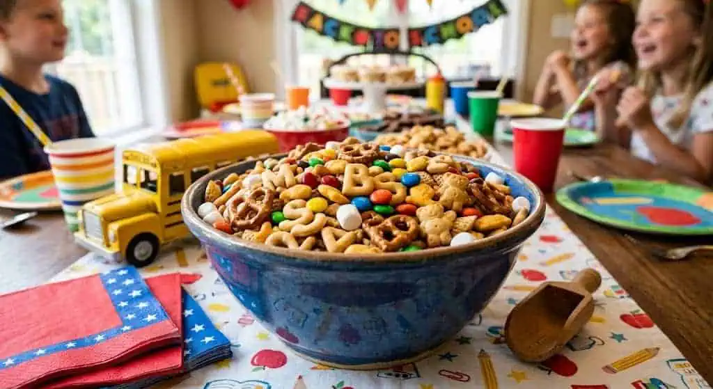 Alphabet snack mix with pretzels, cereal, and candy – back to school party food