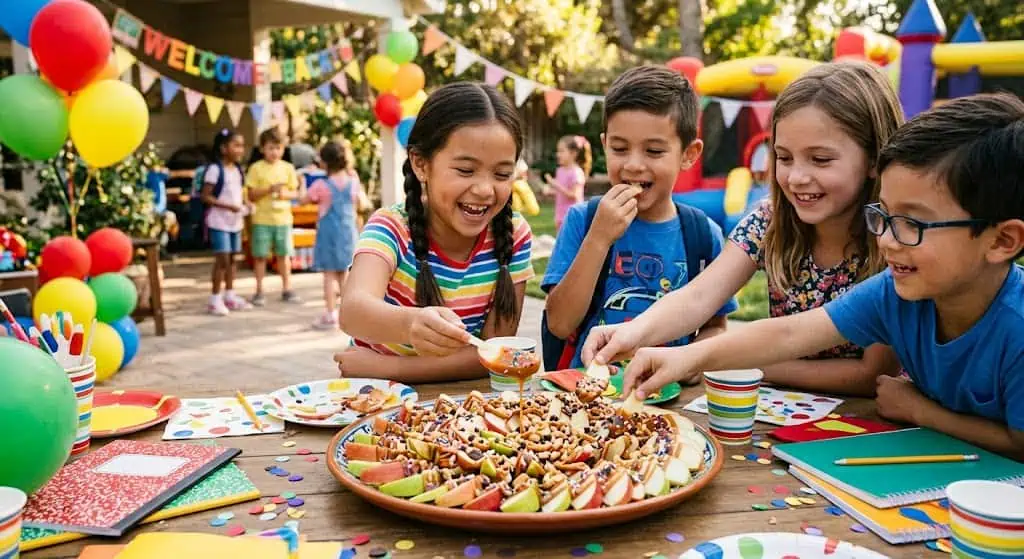 Apple nachos with caramel drizzle and chocolate chips – back to school party food