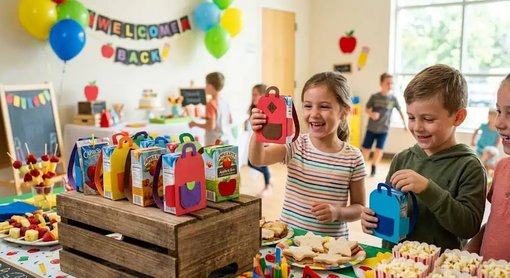 Backpack juice boxes wrapped in construction paper – back to school party drink idea