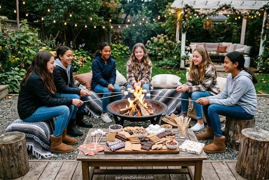 Backyard bonfire birthday party with s’mores board and string lights