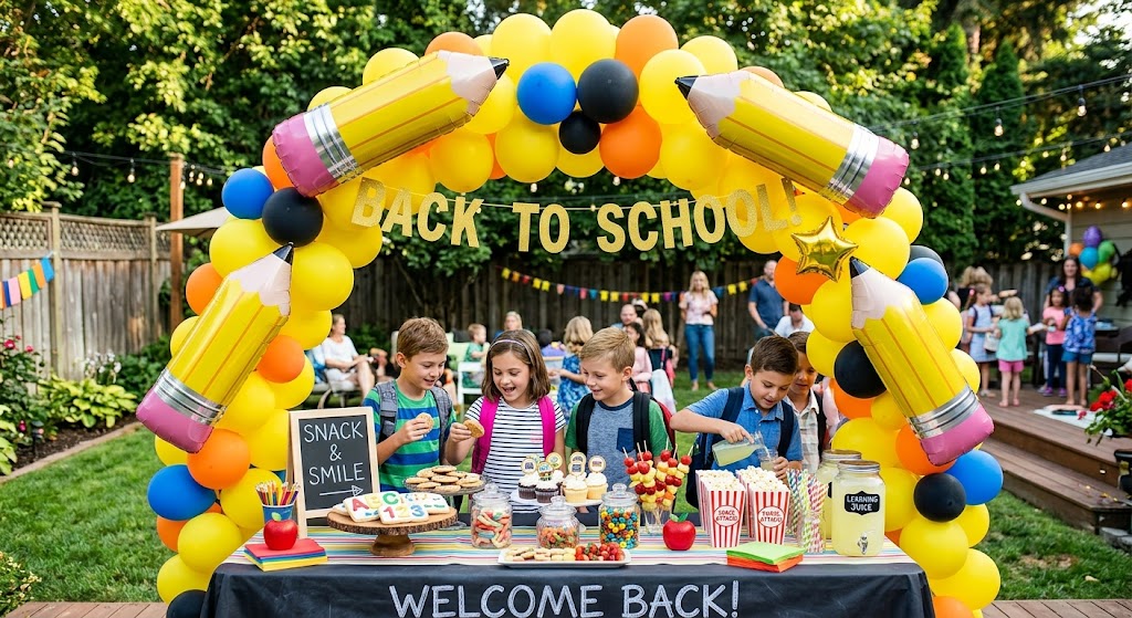 back to school party ideas for kids with pencil balloon arch and school bus snack table
