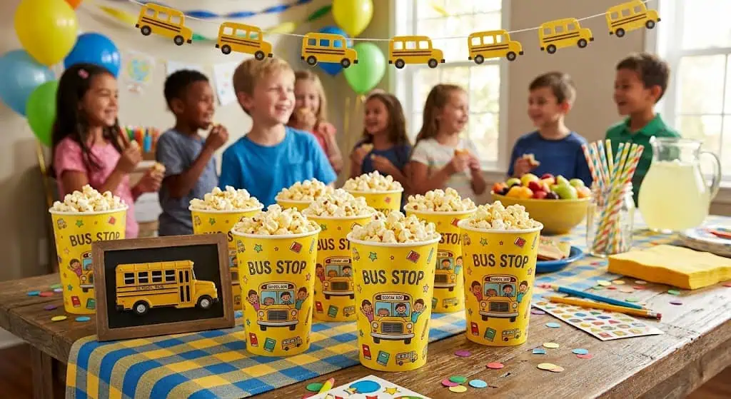Bus stop cheddar popcorn cups in yellow paper cups – back to school party food
