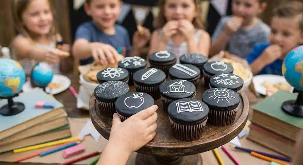 Chalkboard cupcakes with white chalk-style icing – back to school party food