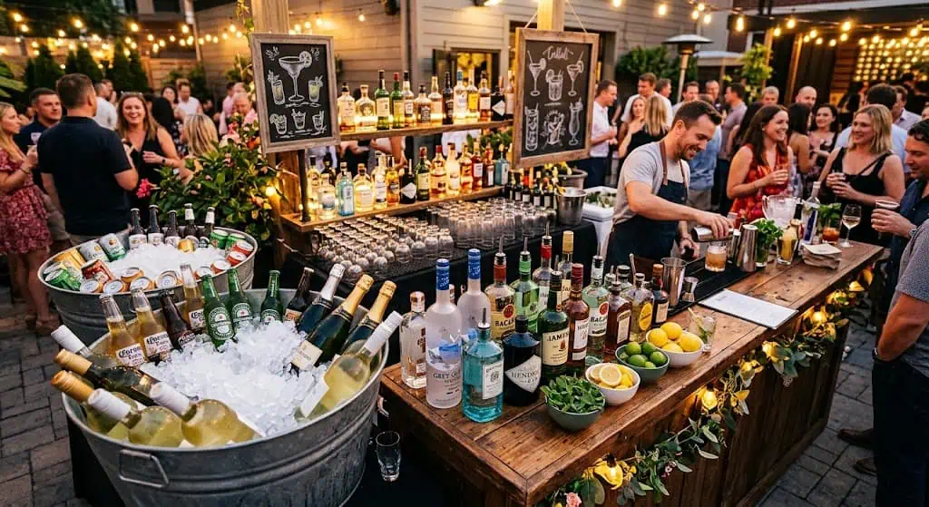 Chilling and bar setup with coolers and beverage tubs for 50 guests – party alcohol planning