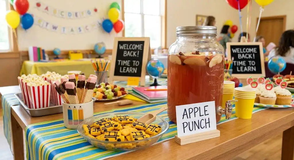 Crackers topped with cheddar and pretzel wheels styled as school buses – back to school party food