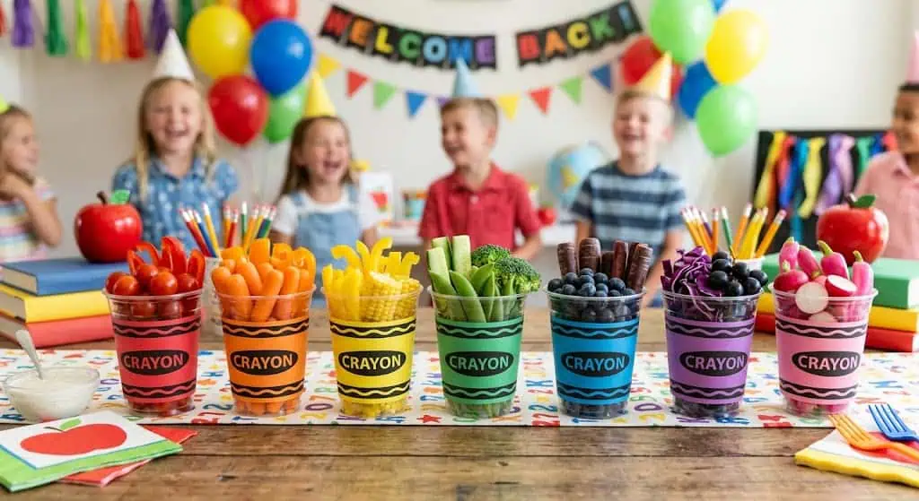 Crayon veggie cups with carrots, celery, and ranch – back to school party food