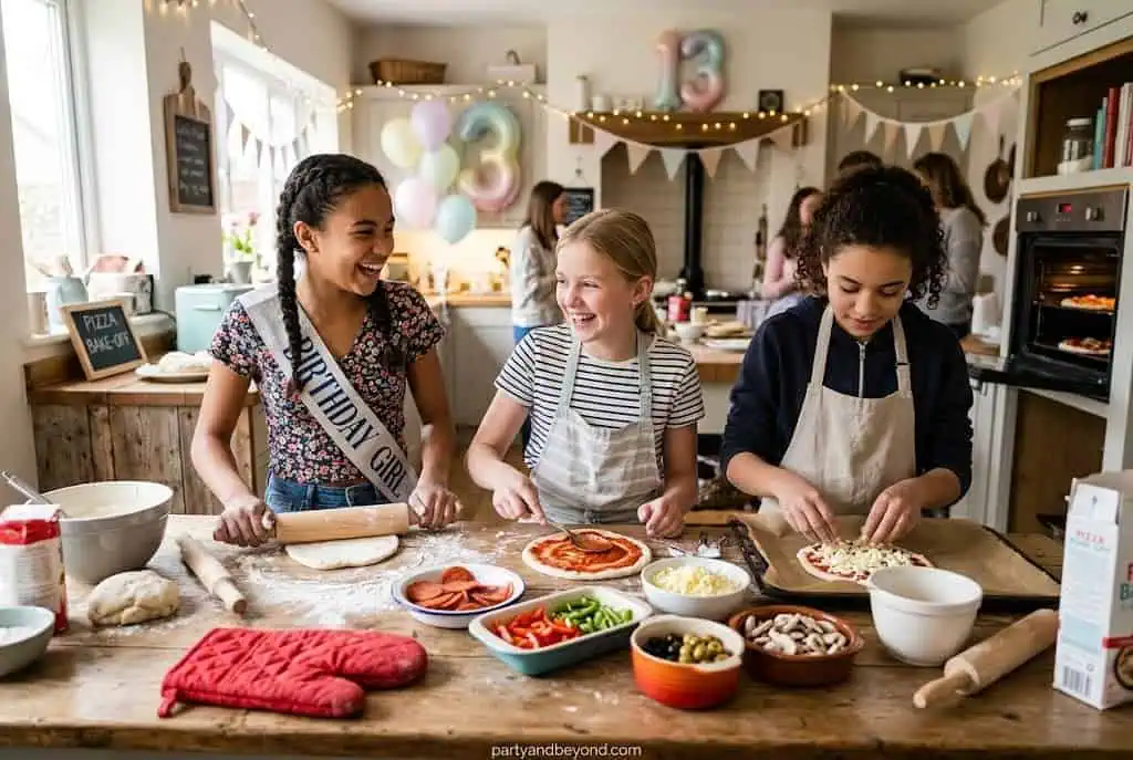 Teen girls making homemade pizzas at a DIY pizza party