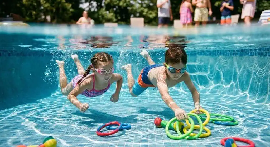 Numbered diving rings for a treasure hunt game – pool party game idea