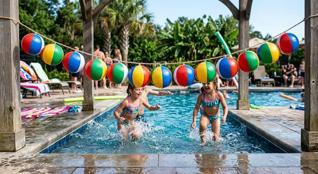 Dollar store beach ball garland strung along a patio fence – pool party idea