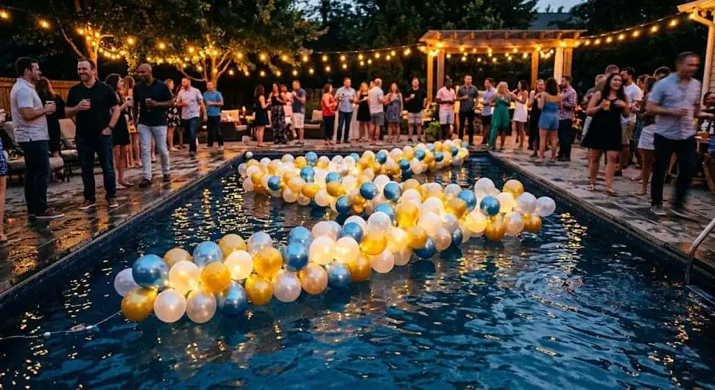 Floating balloon display with LED lights glowing on pool water – pool party idea
