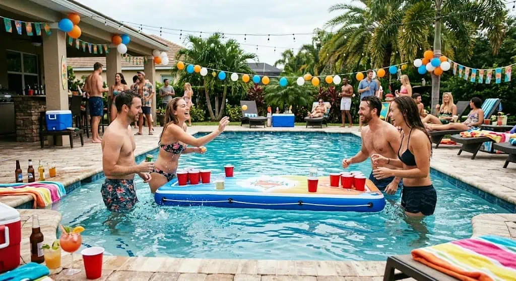 Floating beer pong or floating card table for an adult pool party