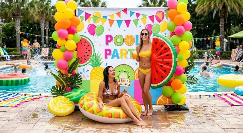 Fruit slice float photo zone with watermelon and pineapple floats – pool party idea